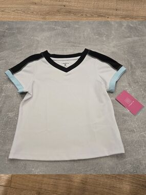 NWT Layer 8 Girls Retro Sport Baby Tee - Size Small White Black Blue
